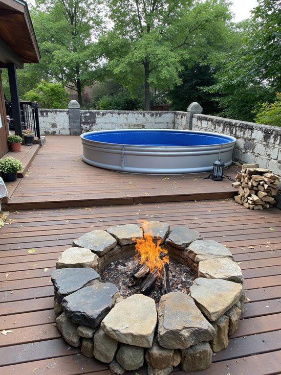 18 Rustic Stock Tank Pool Ideas With Warm Outdoor Charm cozy evenings by firepit