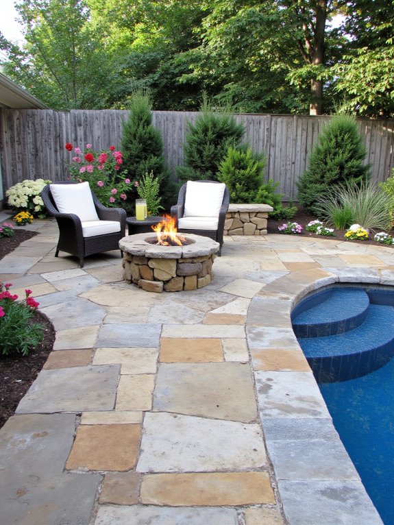 25 Impressive Inground Pool Patio Ideas That Upgrade Your Space cozy fire pit ambiance