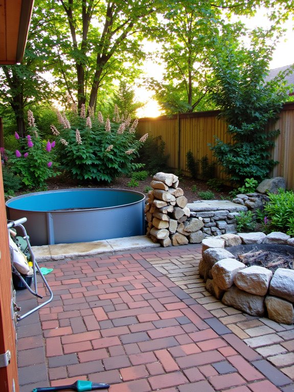 23 Brilliant Stock Tank Pool Privacy Ideas For Peaceful Afternoons cozy fire pit ambiance