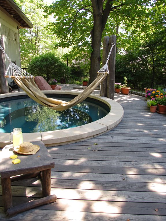 24 Unique Stock Tank Pool Deck Ideas That Elevate Any Yard cozy hammock by pool