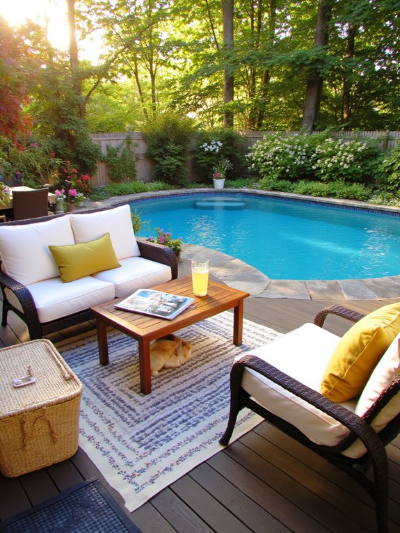 21 Beautiful Inground Pool Deck Ideas For Relaxed Summer Days cozy lounge chairs and cushions