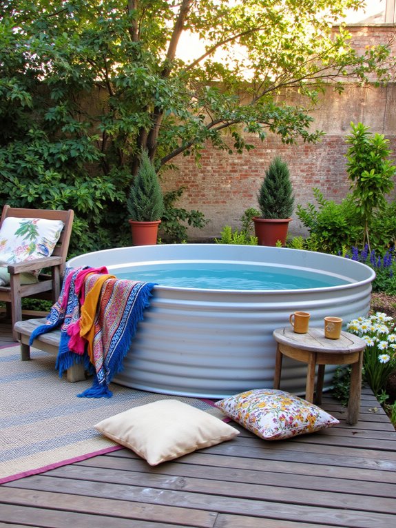 19 Simple Stock Tank Pool Ideas That Make Outdoor Living Easy cozy outdoor lounge setup