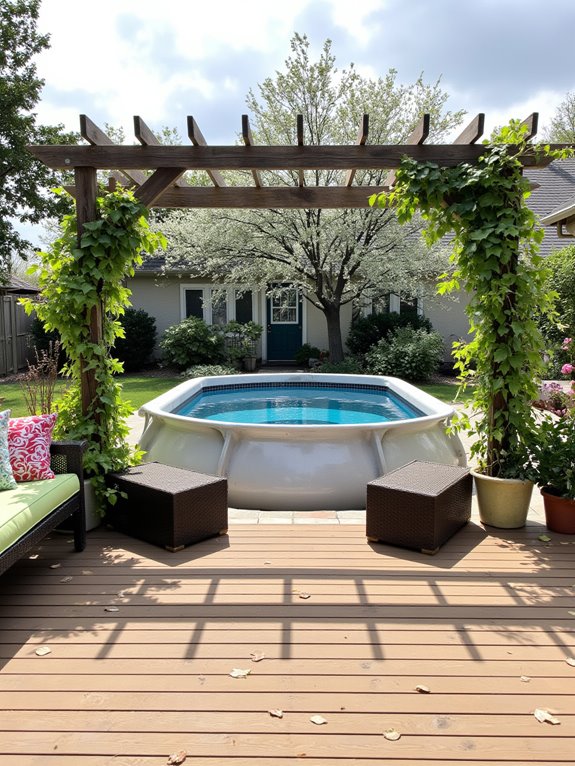25 Upgraded Stock Tank Pool Ideas For A Big Style Boost cozy shaded pool pergola