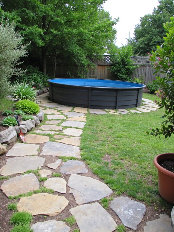 23 Beautiful Stock Tank Pool Landscaping Ideas For Instant Charm elegant stone pathways enhance accessibility