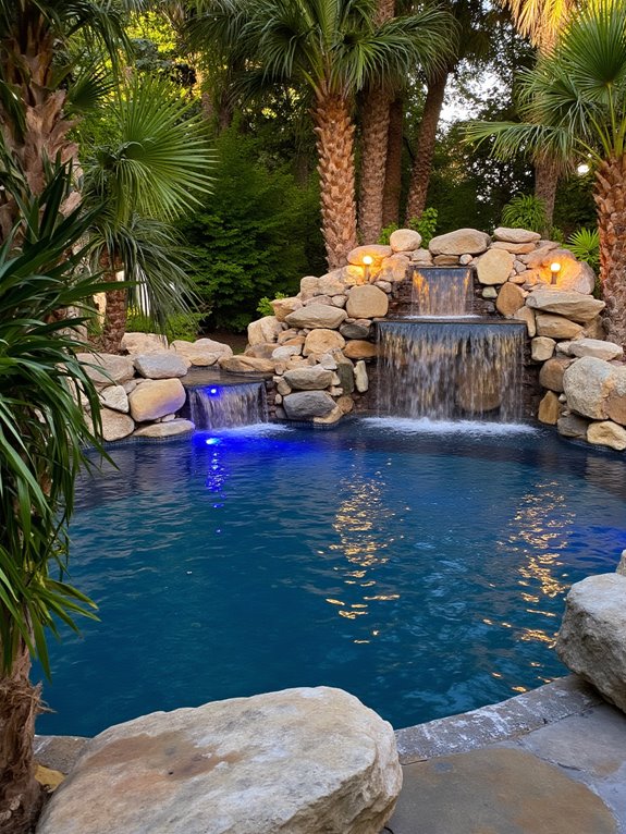19 Inspiring Inground Pool Landscaping Ideas With Rock Waterfalls enchanting led pool lighting