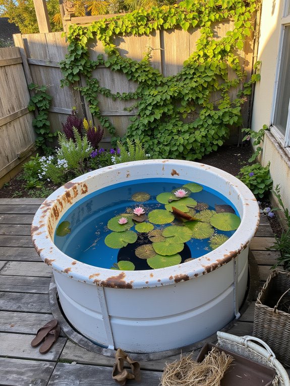 18 Trendy Stock Tank Pool Ideas For A Relaxed Summer Vibe floating plants enhance ambiance