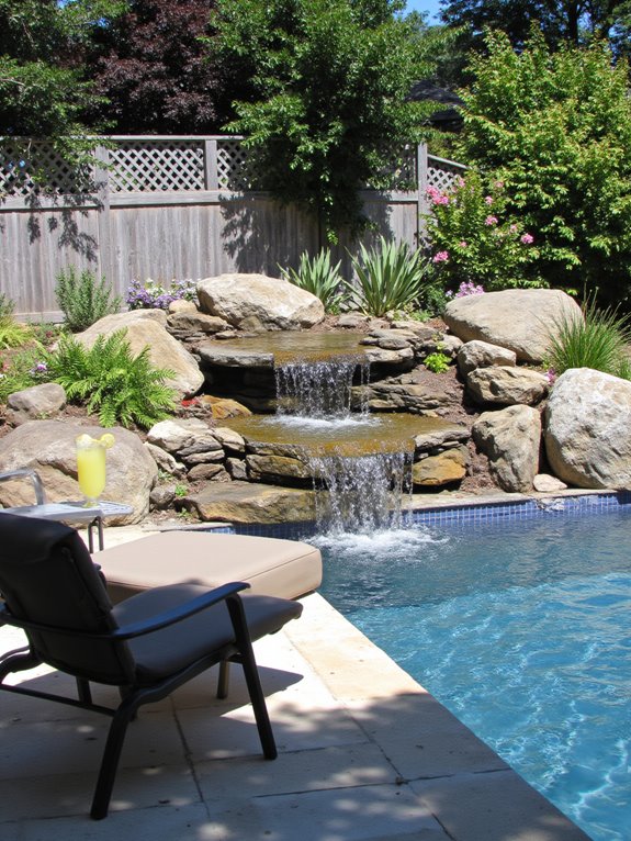19 Inspiring Inground Pool Landscaping Ideas With Rock Waterfalls framing waterfall with fencing