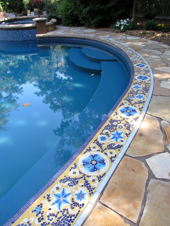 21 Unique Inground Pool Coping Ideas That Refresh Your Space inlaid tile coping artistry