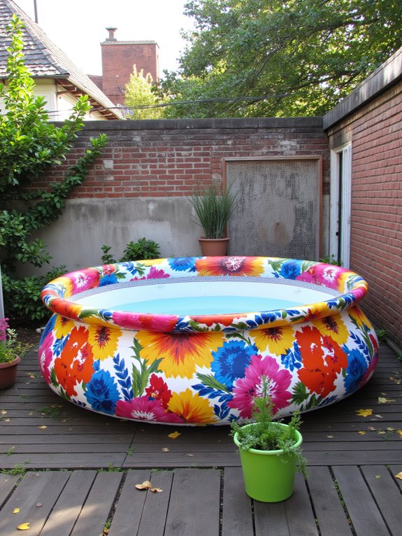 20 Elevated Stock Tank Pool Liner Ideas That Look Professional lively floral print oasis