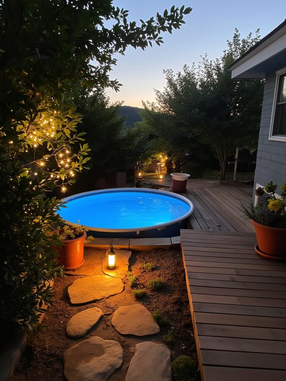 23 Beautiful Stock Tank Pool Landscaping Ideas For Instant Charm magical evening pool lighting