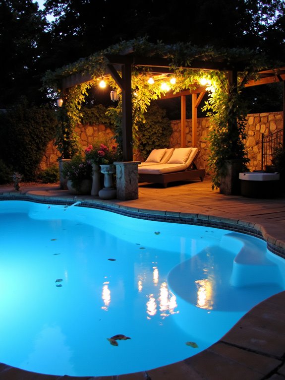 23 Lovely Inground Pool Landscaping Ideas For A Natural Feel magical poolside lighting ambiance