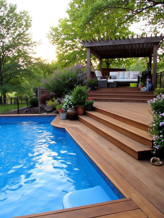 21 Beautiful Inground Pool Deck Ideas For Relaxed Summer Days multi level pool deck appeal