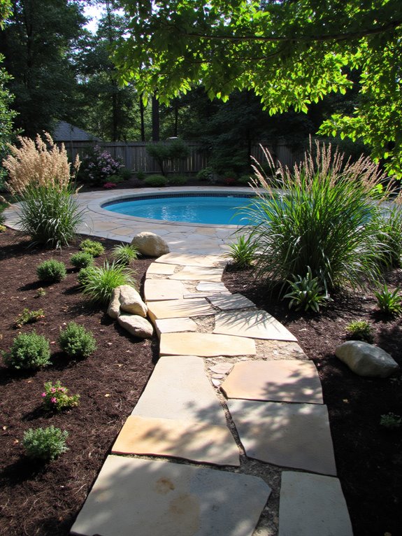 23 Lovely Inground Pool Landscaping Ideas For A Natural Feel natural stone pathway installation