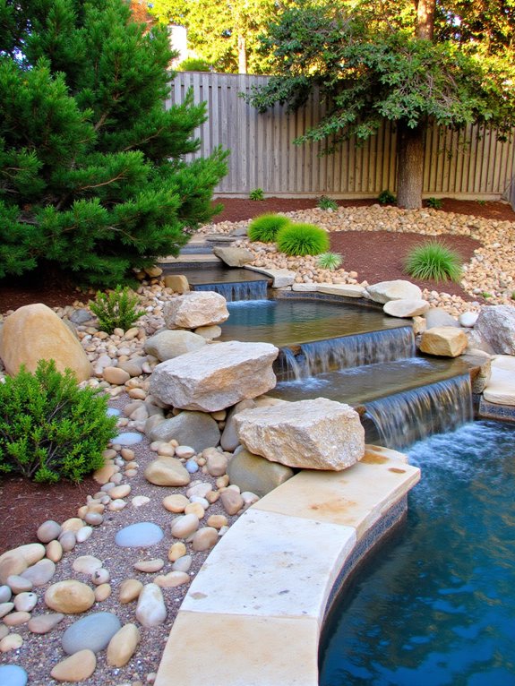 19 Inspiring Inground Pool Landscaping Ideas With Rock Waterfalls natural stream with pebbles