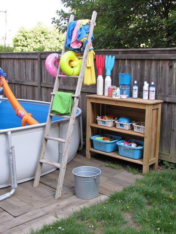 22 Family Friendly Stock Tank Pool Ideas That Everyone Will Love organized pool toy storage
