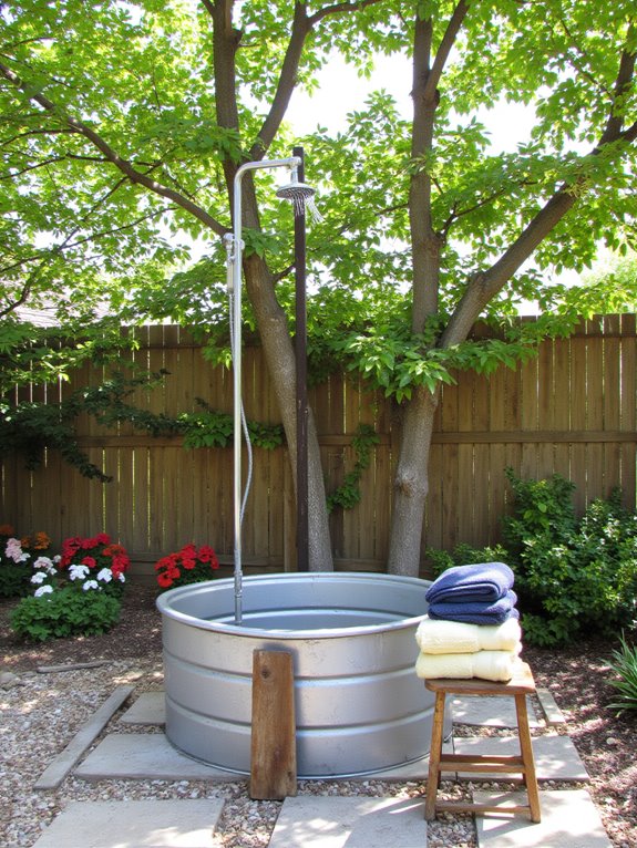 19 Stylish Backyard Stock Tank Upgrades That Feel Designer Level outdoor shower stock tank