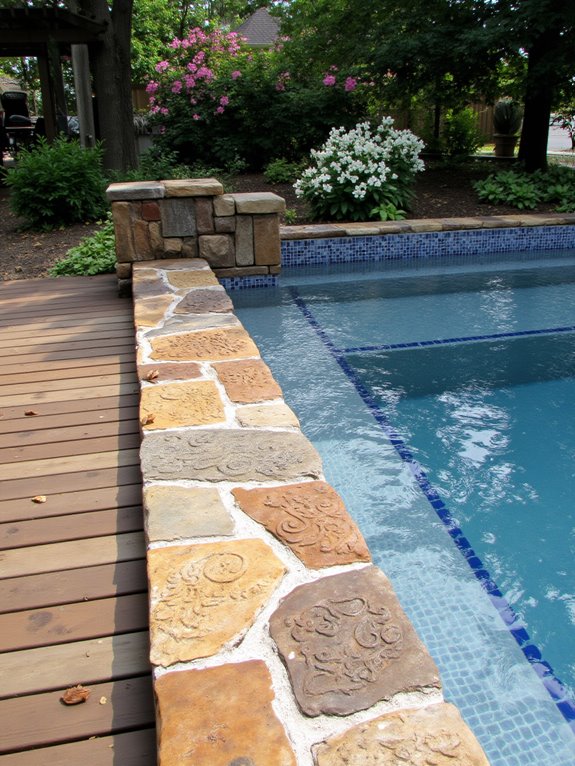 21 Unique Inground Pool Coping Ideas That Refresh Your Space patterned stone pool coping