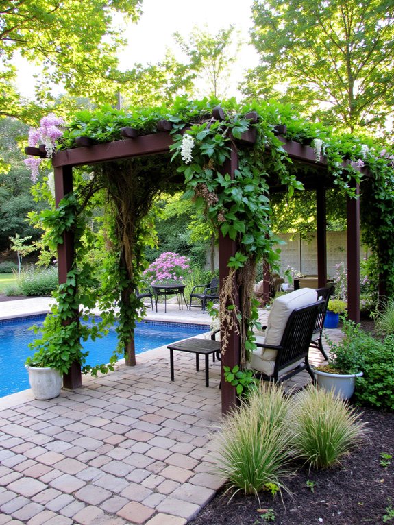 23 Lovely Inground Pool Landscaping Ideas For A Natural Feel pergola with climbing vines