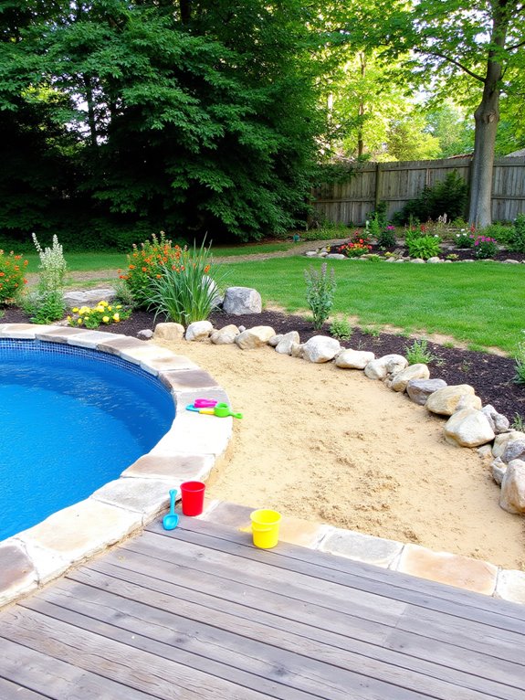 23 Lovely Inground Pool Landscaping Ideas For A Natural Feel playful sand area design