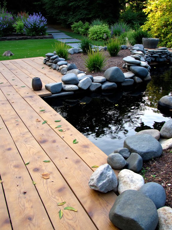 21 Creative Stock Pond Pool Ideas For Nature Loving Yards pond decking for relaxation