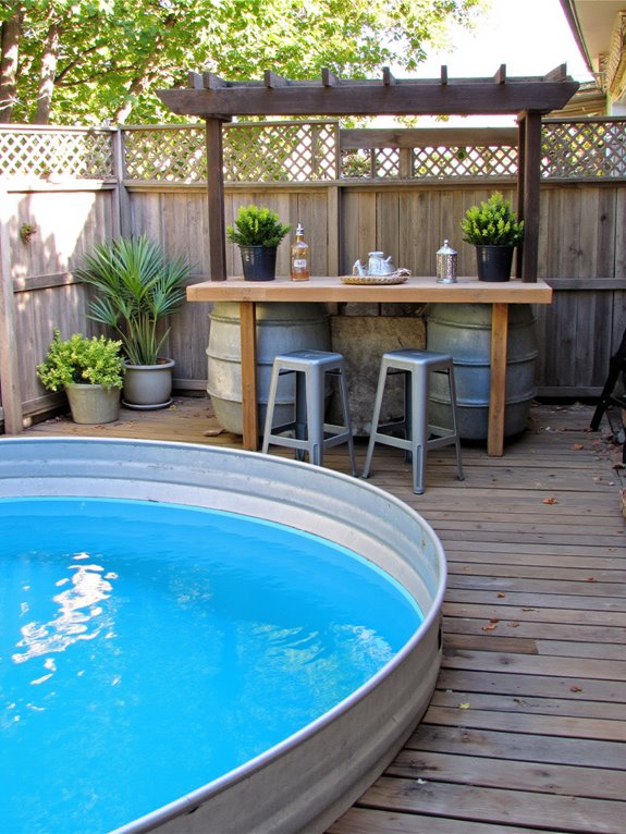 24 Unique Stock Tank Pool Deck Ideas That Elevate Any Yard poolside bar for relaxation