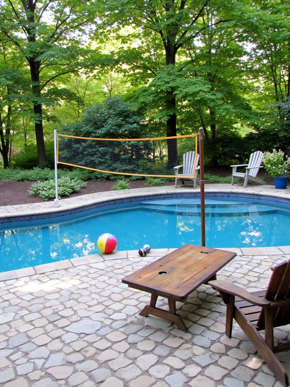 25 Impressive Inground Pool Patio Ideas That Upgrade Your Space poolside outdoor game fun