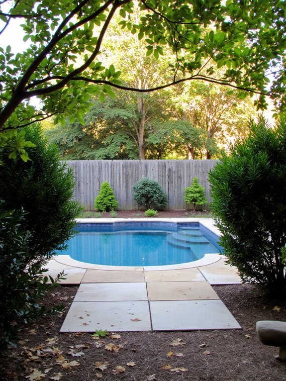 21 Simple Inground Pool Landscaping Ideas For Clean Outdoor Style privacy through fencing and shrubbery