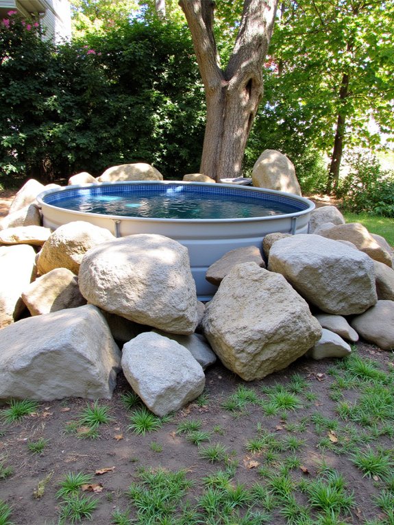 23 Brilliant Stock Tank Pool Privacy Ideas For Peaceful Afternoons rocks and boulders privacy