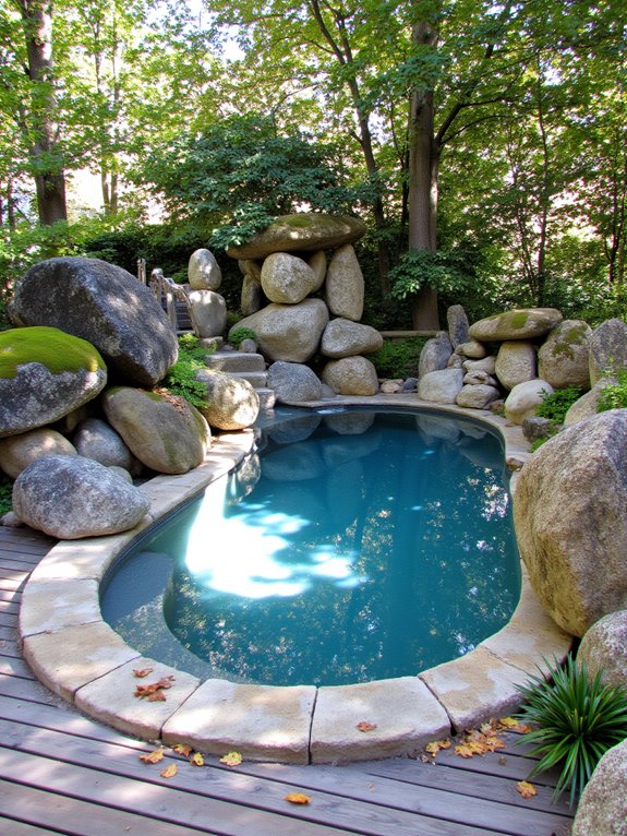 23 Lovely Inground Pool Landscaping Ideas For A Natural Feel rustic boulders enhance tranquility