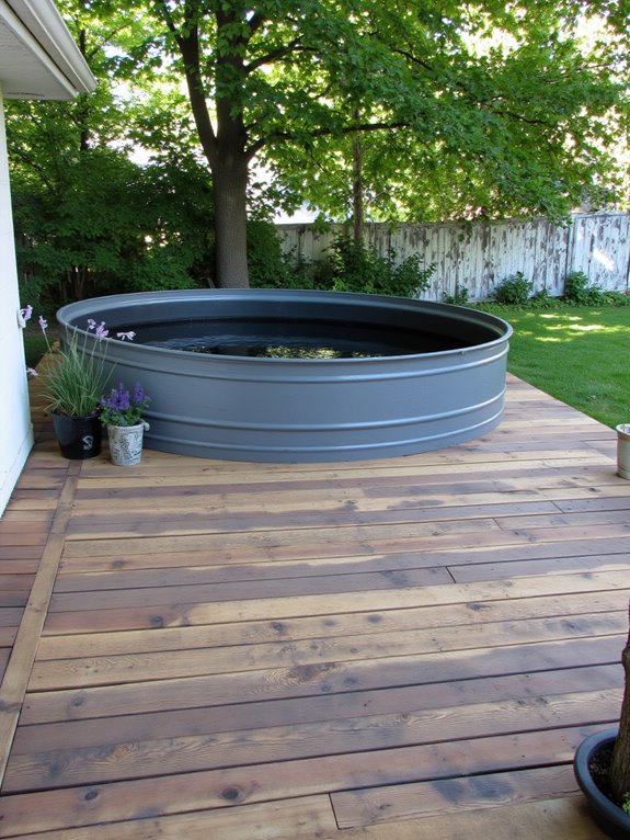 24 Unique Stock Tank Pool Deck Ideas That Elevate Any Yard rustic wooden decking charm
