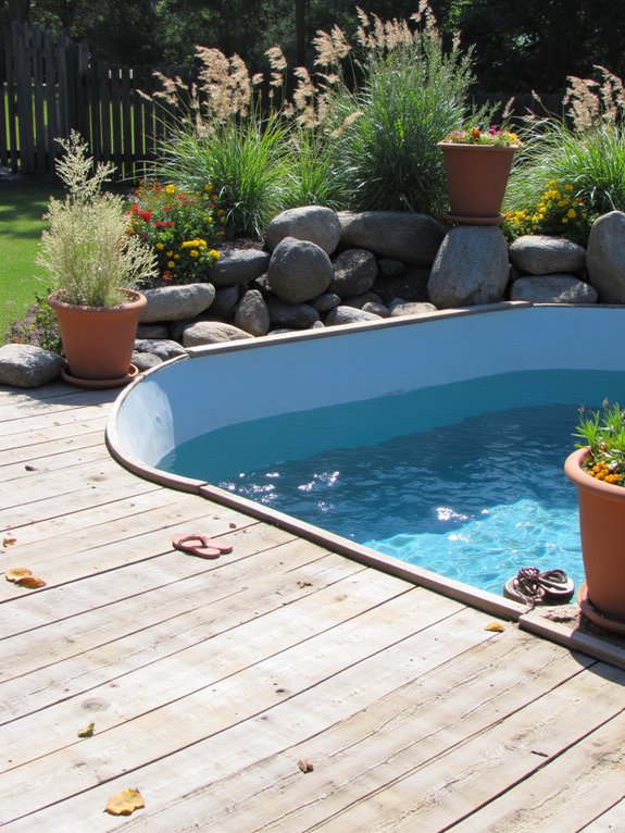 23 Beautiful Stock Tank Pool Landscaping Ideas For Instant Charm rustic wooden pool decking