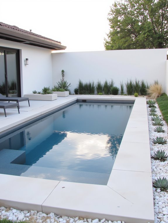 24 Creative Inground Pool Deck Ideas For Easy Backyard Upgrades sleek uncluttered outdoor oasis