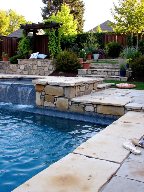 20 Stylish Backyard Inground Pool Landscaping Ideas For Instant Charm tiered planters enhance aesthetics