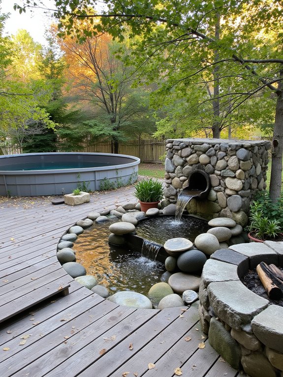 22 Practical Stock Tank Pool And Fire Pit Ideas For Cozy Nights tranquil poolside water feature