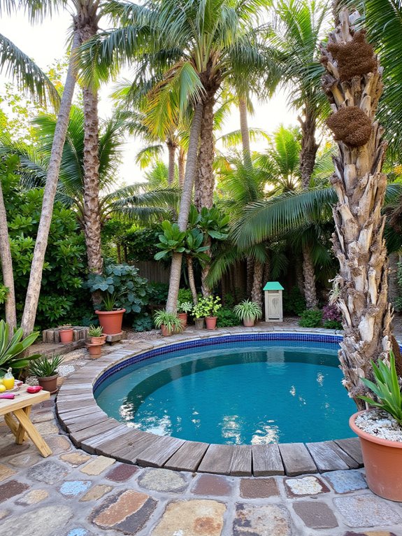 23 Beautiful Stock Tank Pool Landscaping Ideas For Instant Charm tropical palm tree oasis