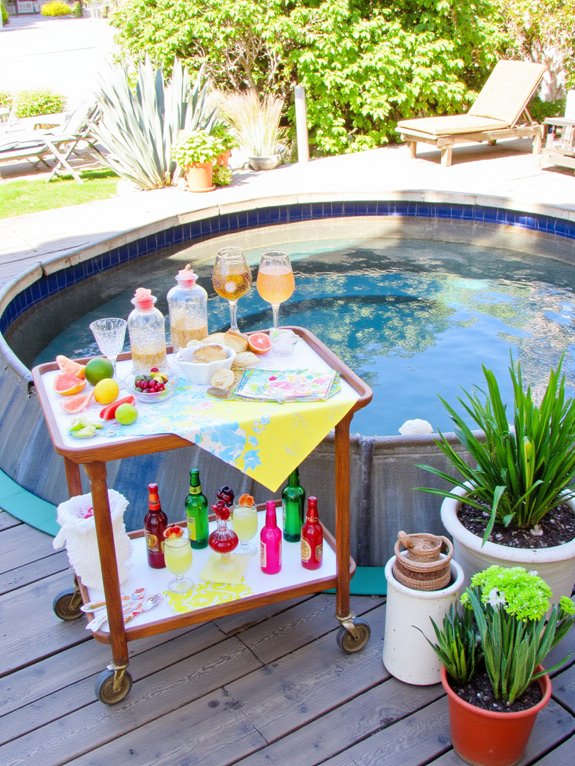 25 Upgraded Stock Tank Pool Ideas For A Big Style Boost tropical themed bar cart