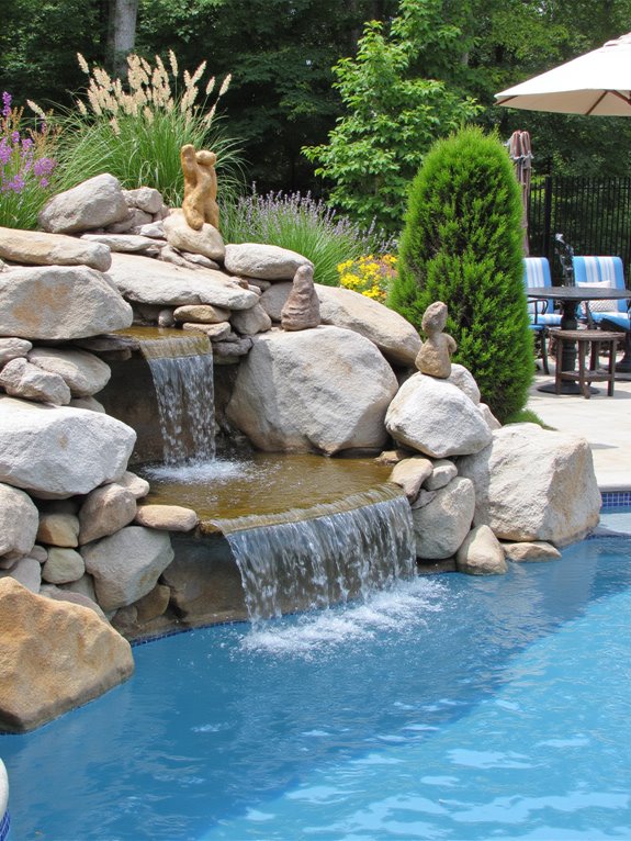 19 Inspiring Inground Pool Landscaping Ideas With Rock Waterfalls unique sculptures enhance waterfall