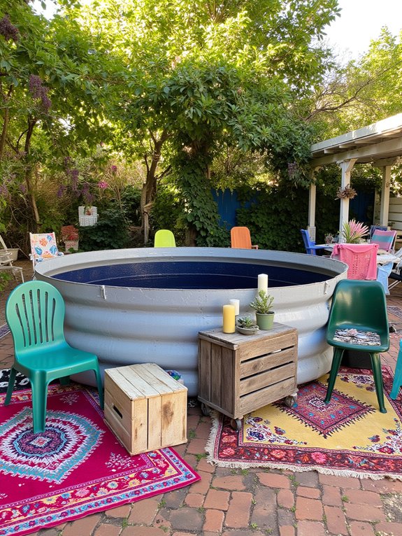 18 Rustic Stock Tank Pool Ideas With Warm Outdoor Charm vibrant bohemian pool decor