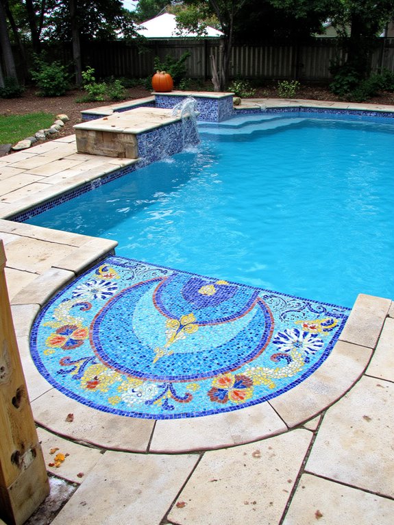 24 Beautiful Inground Pool Ideas With Tanning Ledges For Sun Lovers vibrant colorful mosaic tiles