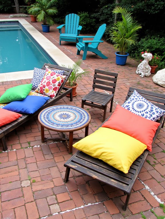 25 Impressive Inground Pool Patio Ideas That Upgrade Your Space vibrant comfortable outdoor furnishings