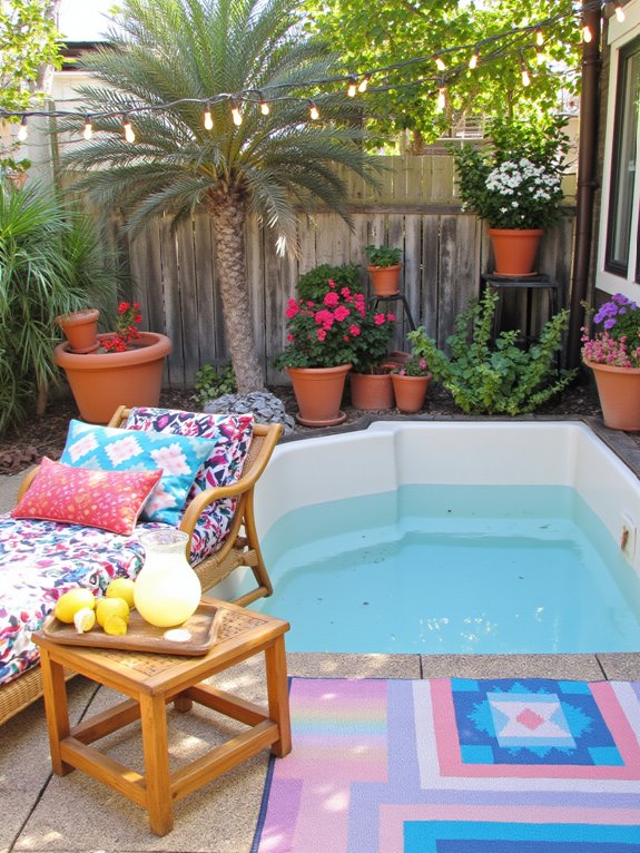 21 Unique Mini Stock Tank Pool Ideas Packed With Personality vibrant cushions and lanterns