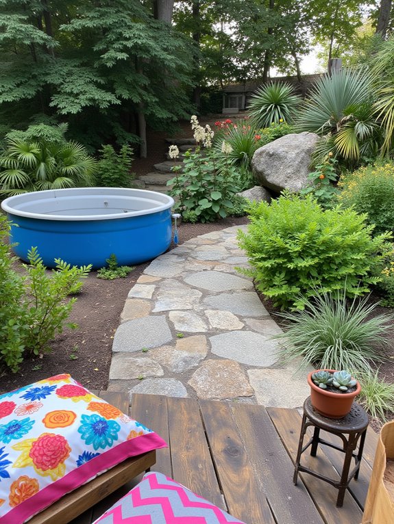 21 Stylish Poly Stock Tank Pool Ideas For A Smooth Setup vibrant landscaping around pool