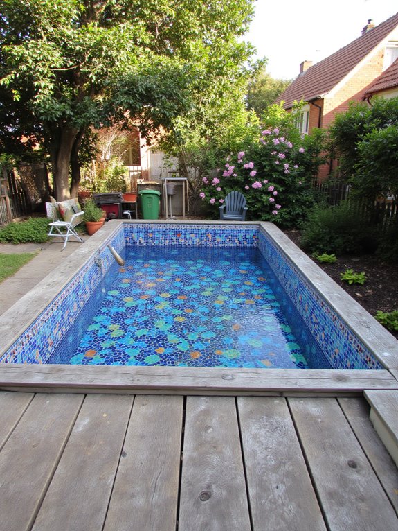 20 Elevated Stock Tank Pool Liner Ideas That Look Professional vibrant mosaic pool transformation