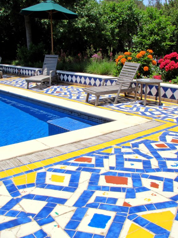 24 Creative Inground Pool Deck Ideas For Easy Backyard Upgrades vibrant tile patterns energize