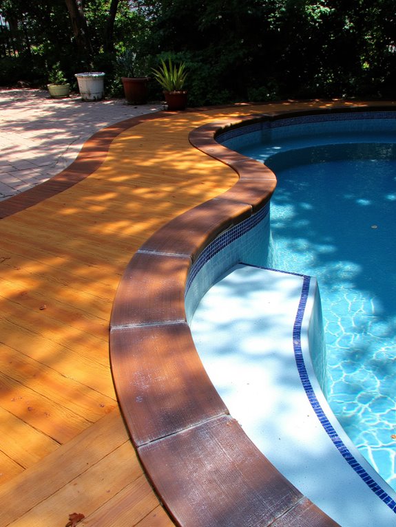 21 Unique Inground Pool Coping Ideas That Refresh Your Space warm wood poolside elegance