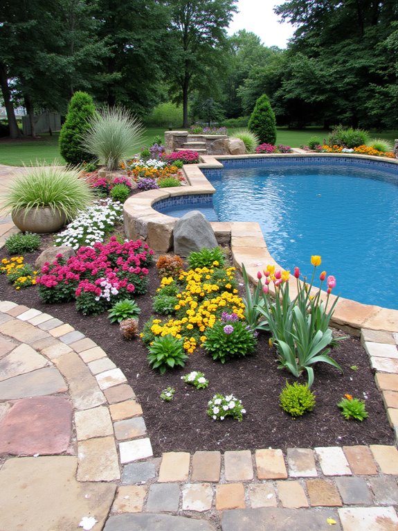 23 Lovely Inground Pool Landscaping Ideas For A Natural Feel year round flower arrangements