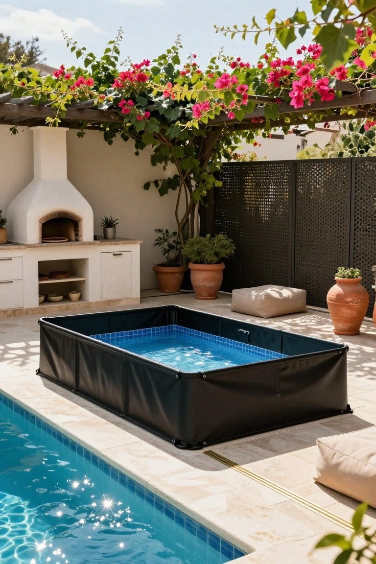 A rectangular black-framed above-ground pool with blue liner sits adjacent to a larger in-ground pool on a light tiled patio, near an outdoor pizza oven, potted plants, and cushioned seating under a bougainvillea-covered pergola.