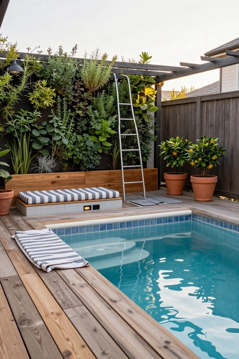 Small blue-tiled above-ground pool integrated into a wooden deck with a cushioned striped bench on a raised tiled platform nearby, metal ladder, draped towels, vertical green wall, potted citrus trees, and wooden fencing in a backyard setting.