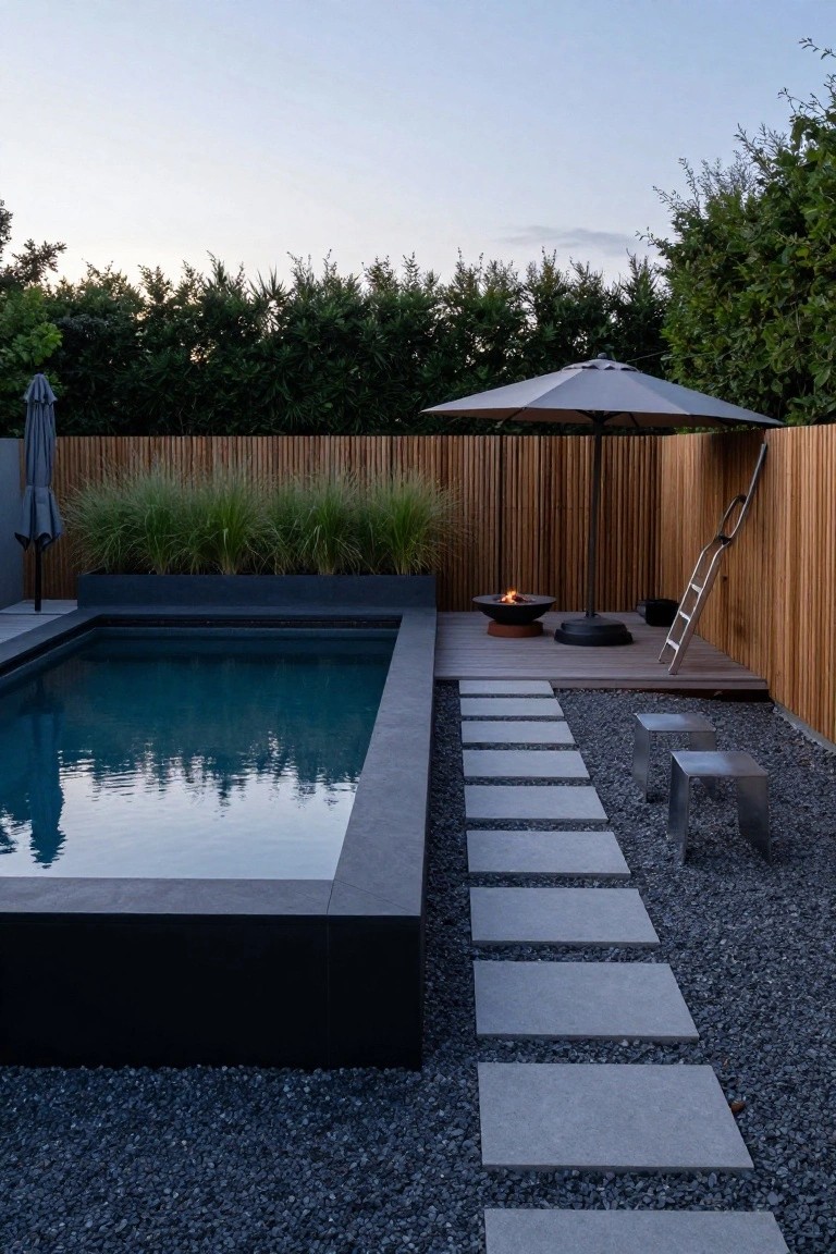 Above-ground swimming pool with black edging on a wooden deck platform next to a fire pit, metal stools, gravel path with concrete pavers, umbrella, and bamboo privacy fence with grasses.