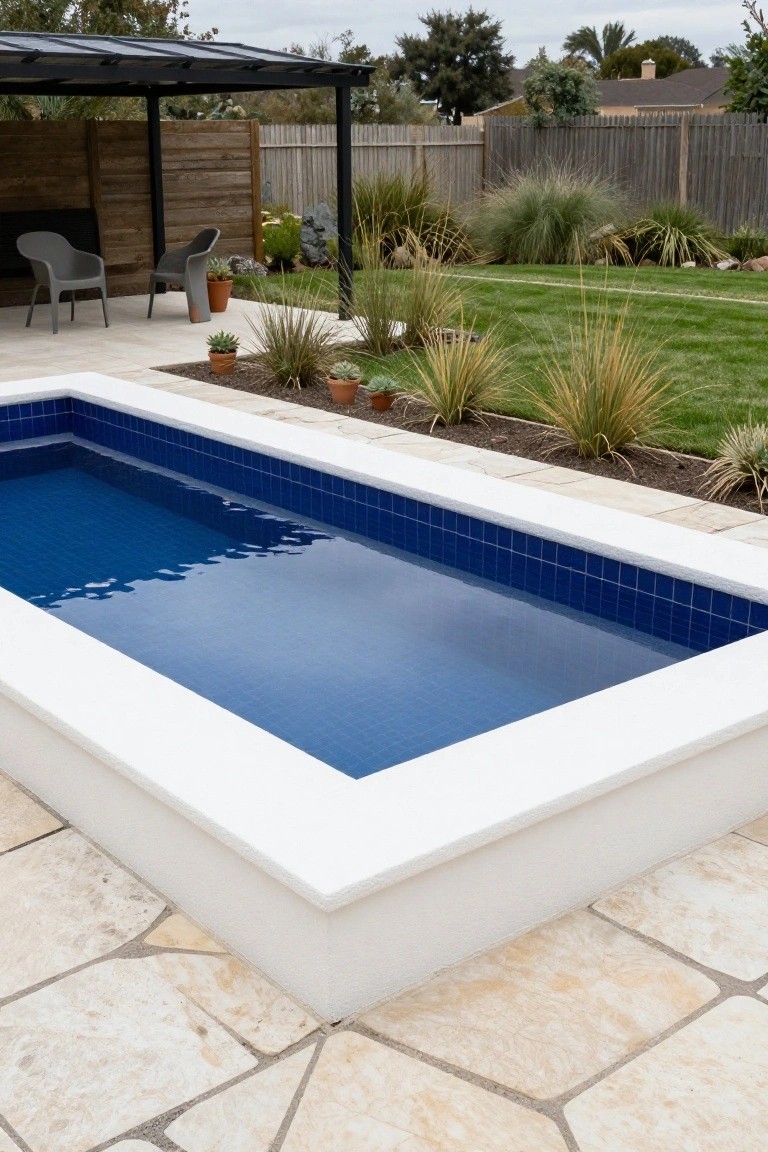 A rectangular above-ground plunge pool with blue mosaic tile interior and white stucco coping, surrounded by beige pavers, ornamental grasses, potted plants, and two lounge chairs in a backyard.